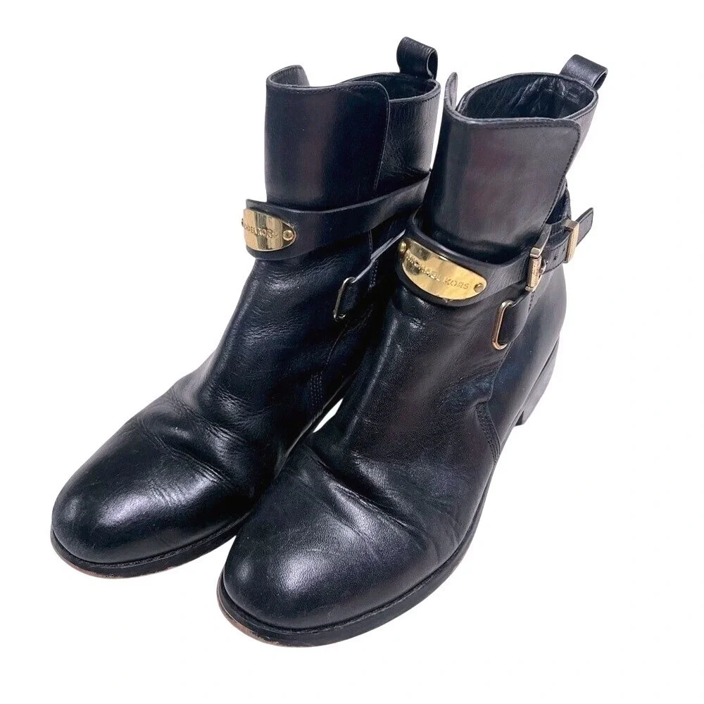 Michael Kors Womens Black Leather Ankle Boots Gold Logo Buckle Moto Booties 5M